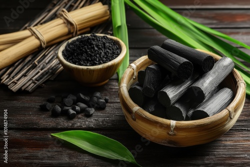 Bamboo Charcoal and Natural Elements on Wooden Surface