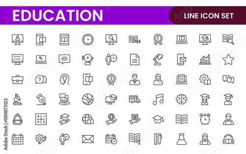 Education line icons collection. Big UI icon set in a flat design. Thin outline icons pack. Thin line icons set of academic subjects and education. Outline symbol collection.