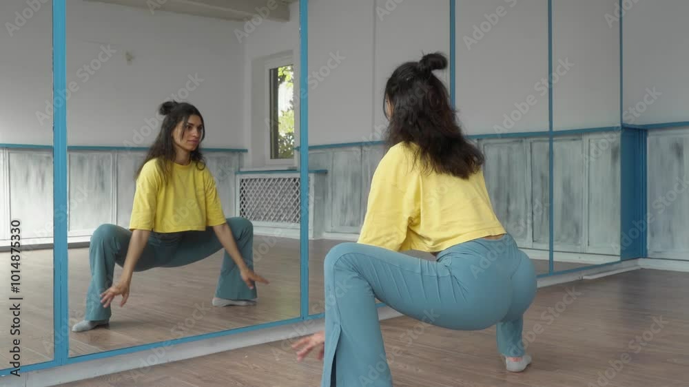 Woman performing wide-stance squats in front of a mirror. She squats