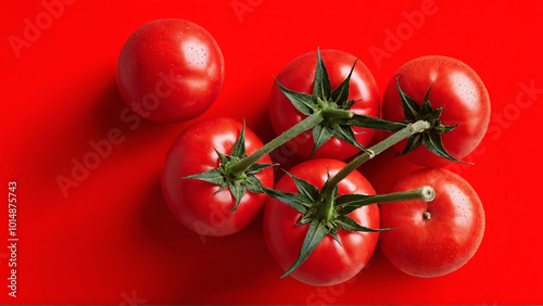 Fresh tomatoes on the vine with herbs solid bold red background