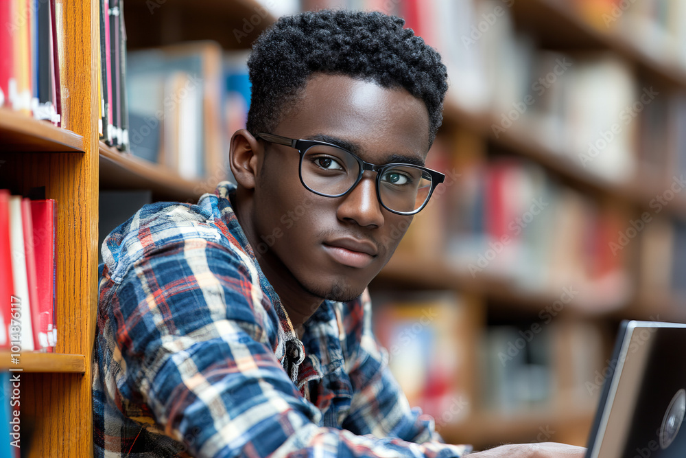 Focused student studying with a laptop in a library, engaging in research and digital learning in a modern academic setting Focused student studying with a laptop in a library, engaging in research and digital learning in a modern academic setting