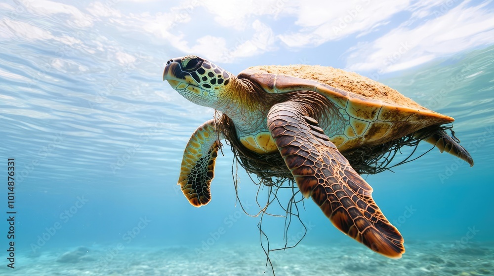 Obraz premium A majestic turtle swimming gracefully in crystal clear waters, showcasing nature's beauty and marine life diversity.