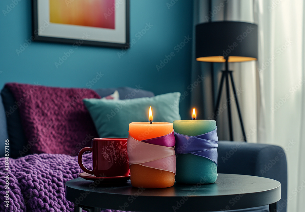 A picture frame hanging on the wall of an interior design studio, colorful furniture and home decor in front of it, Stylish living room with a round ottoman, fresh floral arrangements. A picture frame hanging on the wall of an interior design studio, colorful furniture and home decor in front of it, Stylish living room with a round ottoman, fresh floral arrangements.