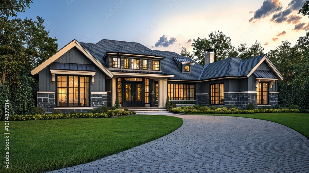 Home exterior rendering in slate gray accents, with traditional architectural style, dark limestone and hickory details, sweeping windows, cream roof trim, a brick driveway, and lush green grass Home exterior rendering in slate gray accents, with traditional architectural style, dark limestone and hickory details, sweeping windows, cream roof trim, a brick driveway, and lush green grass