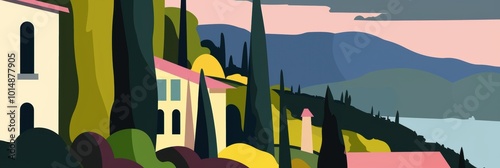 Stylized Landscape with Hills, Houses, and Water View