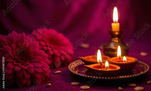 Ornate golden diya lamp, glowing candles