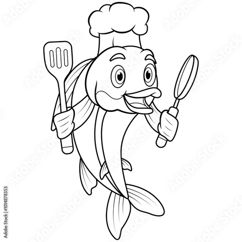 Cartoon fish chef holding a frying pan and spatula line art