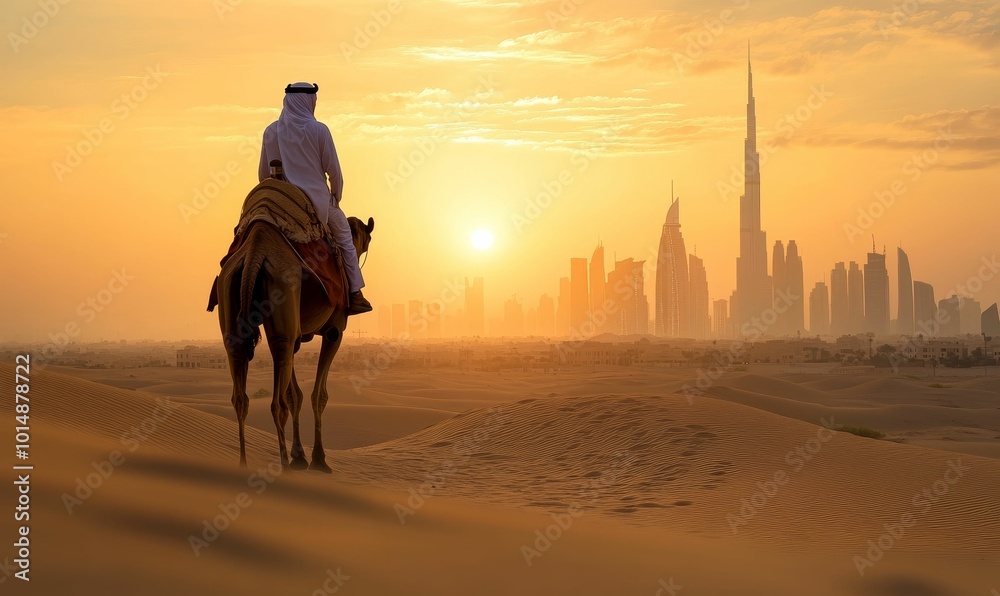 Naklejka premium Man rides camel, sunset over Dubai skyline.