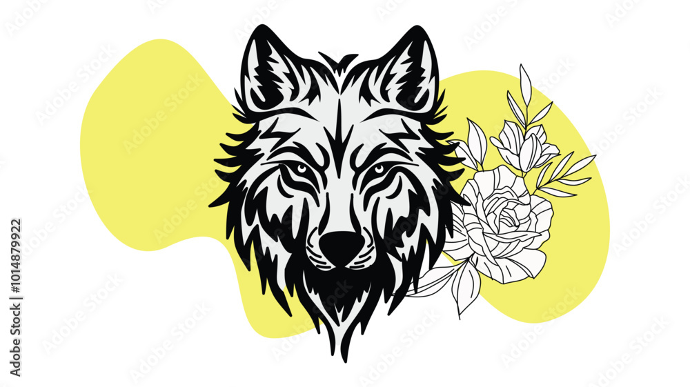 Fototapeta premium A monochrome wolf head is paired with blooming flowers against a bold, yellow abstract background, creating a striking contrast of nature and art elements.