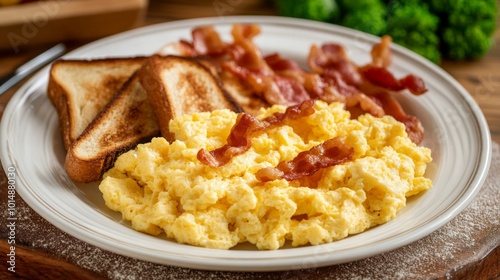 Hearty Breakfast with Scrambled Eggs and Crispy Bacon