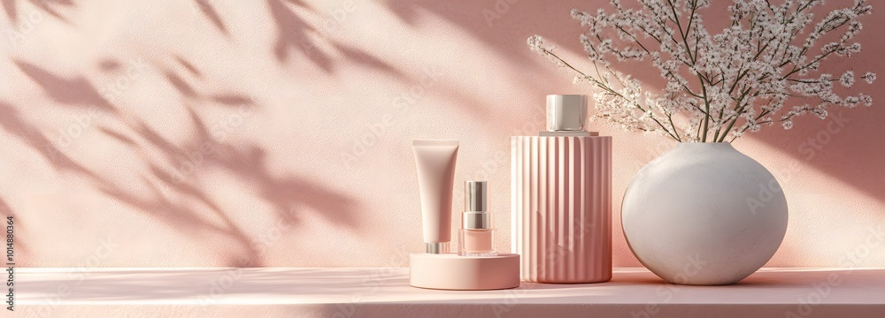 3. A minimalist 3D scene showcasing a geometric podium in a soft pink studio, providing an ideal stage for displaying cosmetic products with a contemporary feel 3. A minimalist 3D scene showcasing a geometric podium in a soft pink studio, providing an ideal stage for displaying cosmetic products with a contemporary feel