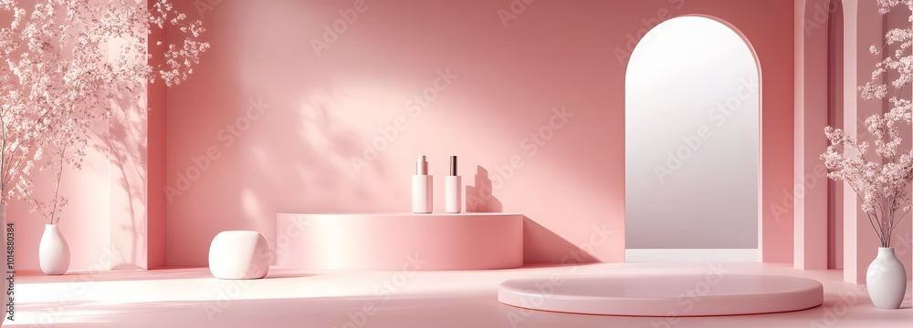 3. A minimalist 3D scene showcasing a geometric podium in a soft pink studio, providing an ideal stage for displaying cosmetic products with a contemporary feel 3. A minimalist 3D scene showcasing a geometric podium in a soft pink studio, providing an ideal stage for displaying cosmetic products with a contemporary feel
