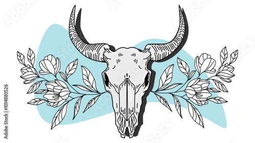 Illustrated bull skull with long horns surrounded by detailed floral elements. This combination of natural and mystical elements creates an intriguing visual artwork.