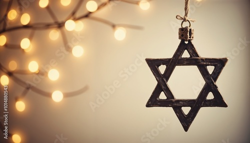 Star of David ornament hanging against a softly lit background with festive lights photo