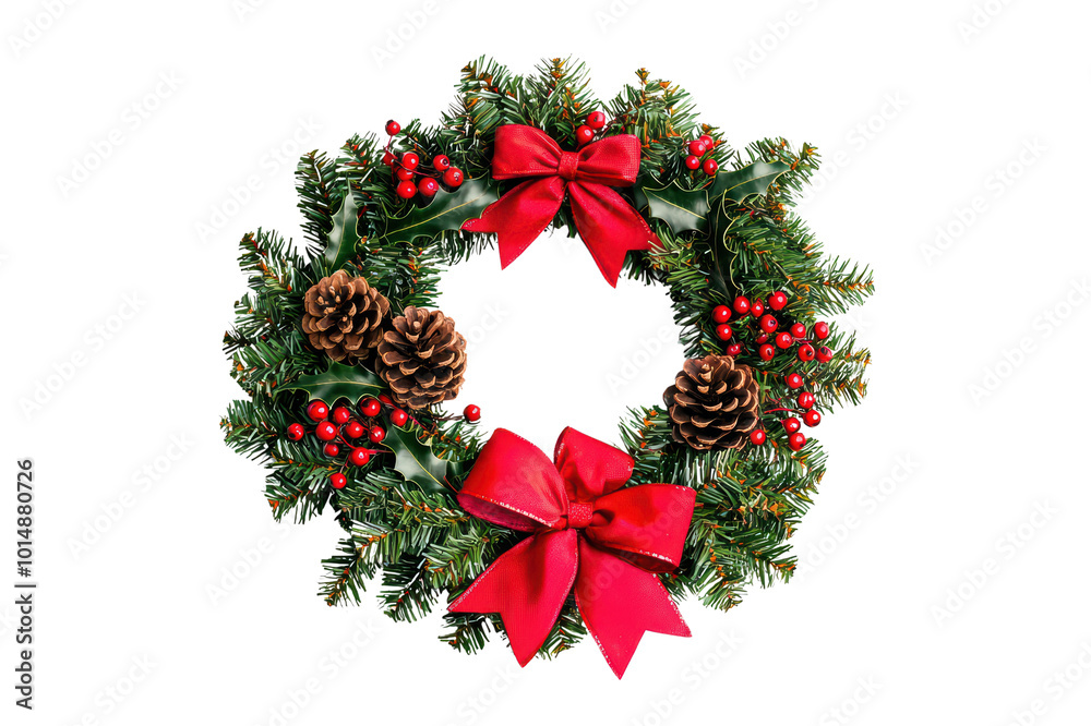 Beautiful Christmas wreath with pinecones and red bows, perfect for festive decorations, isolated on transparent background. Beautiful Christmas wreath with pinecones and red bows, perfect for festive decorations, isolated on transparent background.