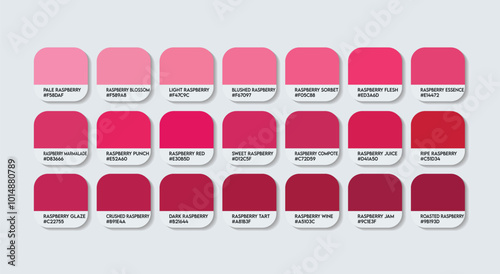 Raspberry Color Palette, Raspberries Color Guide Palette with Color Names. Catalog Samples of red pink with RGB HEX codes. paint, natural Raspberry variations, Fashion Trend Raspberry red color tones