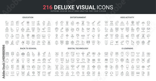 Digital smart technology, school education and online lessons, elearning, kids activity line icon set. City entertainment and mobile games apps thin black outline symbols vector illustration