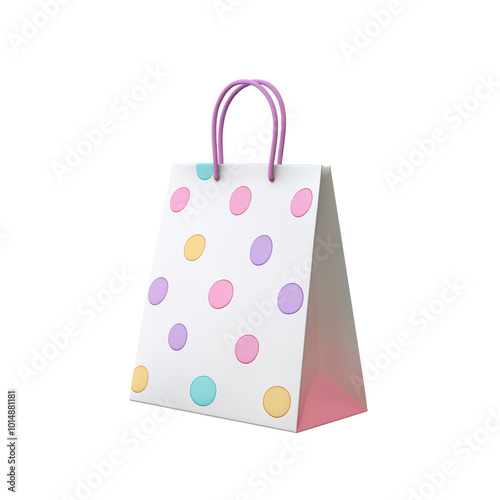 Colorful polka dot paper shopping bag with handles, perfect for gifts or shopping isolated on transparent background.