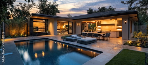 Modern home with swimming pool and outdoor kitchen at dusk.