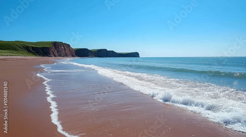 Scenic beach with gentle waves and a clear sky, viewed from a low angle perspective, highlighting the tranquility and beauty of the coastal scene 