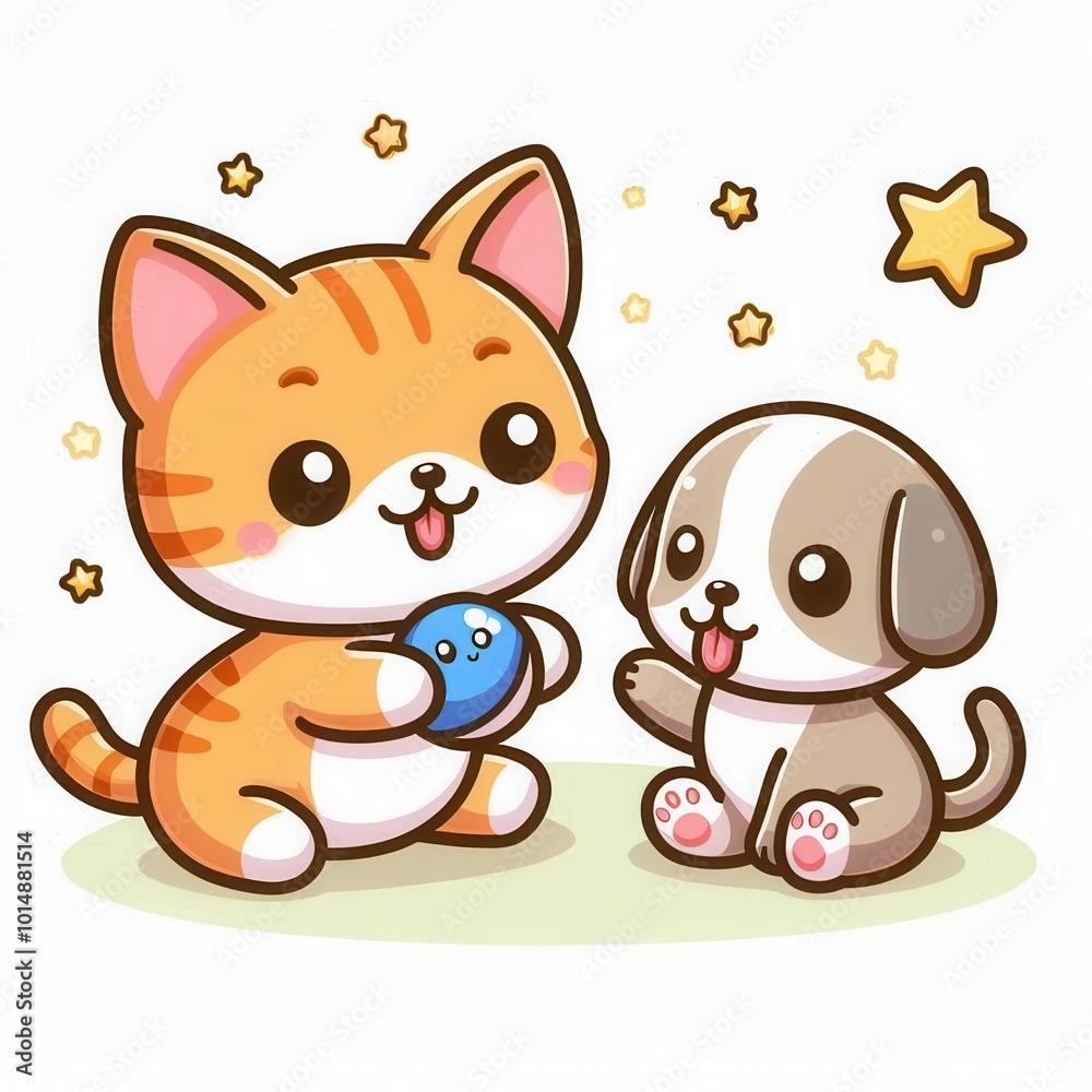 Obraz premium A cute cartoon cat and dog playfully interacting with a blue ball surrounded by stars.