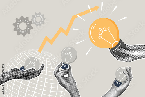 Contemporary halftone collage. Concept of standing out, being a leader, standing out from others, brilliant idea. Hand with bright large light bulb idea standing out from others. Modern business