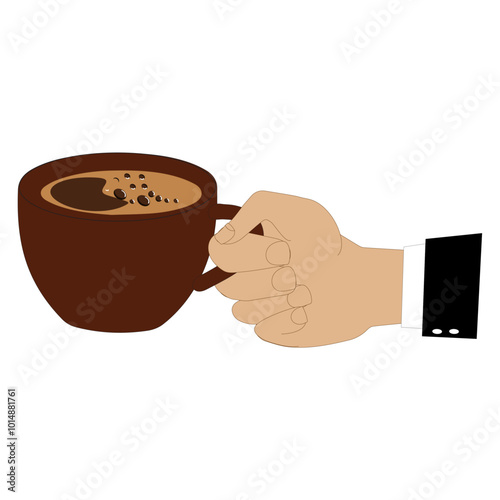 Hands holding cup of coffee or tea, vector illustration, Hands with cups. Cartoon hand holding coffee cup, mug with hot drink and teacup.