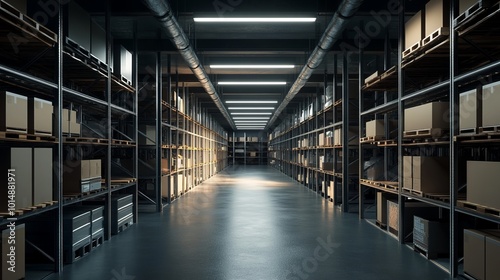 A spacious warehouse interior with organized shelving units.