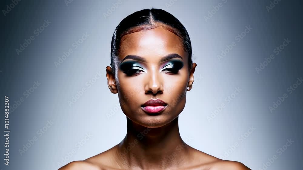 Close-up of a woman with sleek hair and bold, dramatic eye makeup ...