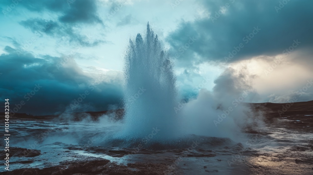 Geyser erupting with steam and water against a cloudy sky. Geyser erupting with steam and water against a cloudy sky.