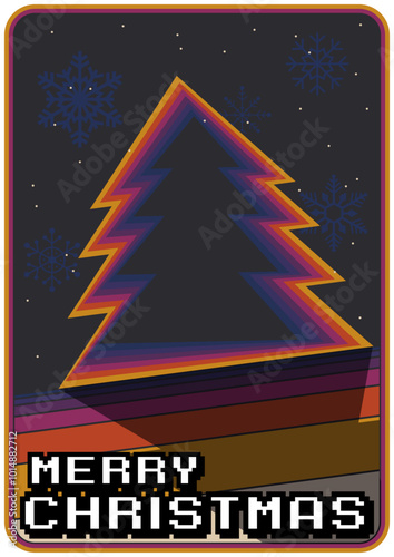 1980s Christmas Postcard Style Illustration, Merry Christmas Greetings, 80s Party Poster, Retro Color Tree and Decorations, Snowflakes, Color Lines Background 