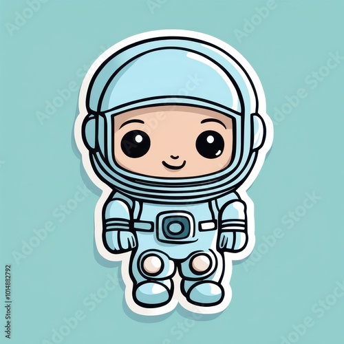 A cute cartoon astronaut character in a light blue suit and helmet against a soft blue background.