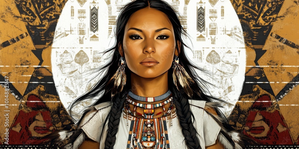 Fototapeta premium [A beautiful depiction of a Native American woman with traditional jewelry, framed by cultural symbols and patterns], on a white background, 