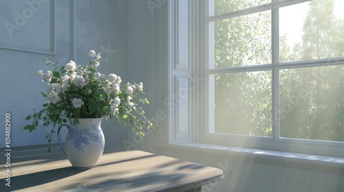 White flowers in a pitcher on a wooden table by a window with sunlight streaming in.