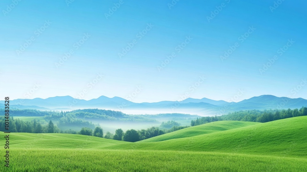 Serene Landscape of Rolling Hills and Distant Mountains Under a Clear Blue Sky Serene Landscape of Rolling Hills and Distant Mountains Under a Clear Blue Sky