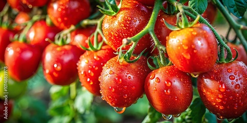 fresh red tomatoes with water droplets hanging on a vine in a vibrant garden,background.AI GENERATED