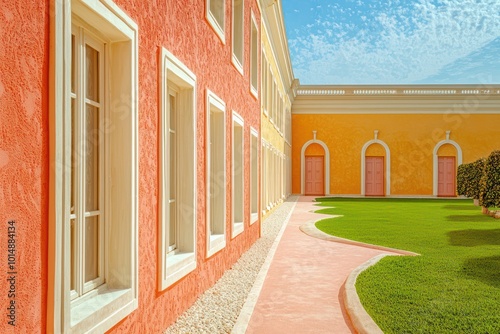 Lavish villa with ivory window frames, a coral terrace, and lemon walls The path is rose, leading to a pistachio door, with an ivory lawn under a quartz sky