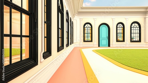 Lavish villa with jet black window frames, a lemon terrace, and cream walls The path is coral, leading to an aqua door, and the lawn is vanilla under a taupe sky