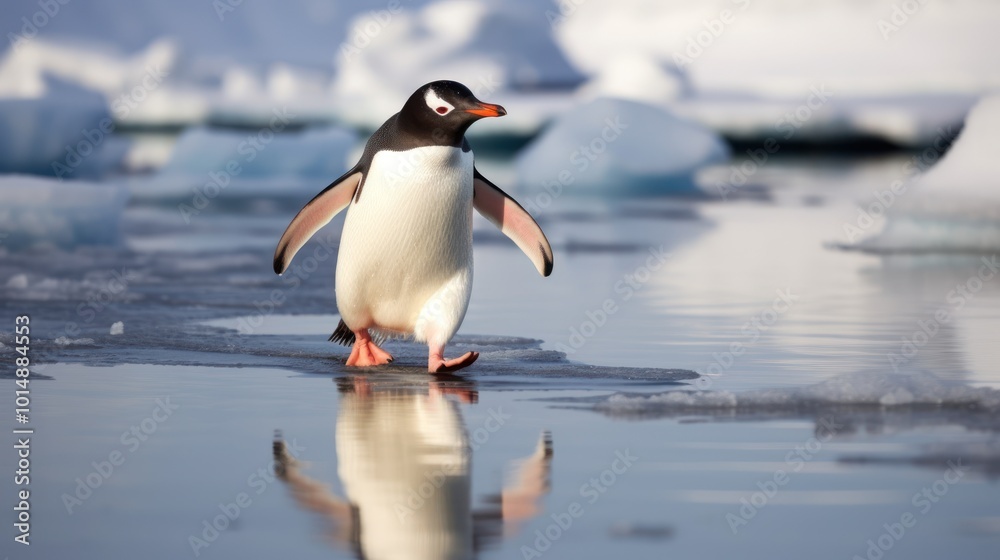 Naklejka premium A Gentoo Penguin Walking on Ice in Antarctica