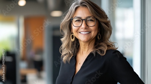 Mature Latin businesswoman with a cheerful expression, standing confidently in a professional office setting, embodying corporate leadership and success