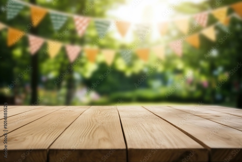 A wooden table in a sunny park setting with festive bunting. A wooden table in a sunny park setting with festive bunting.