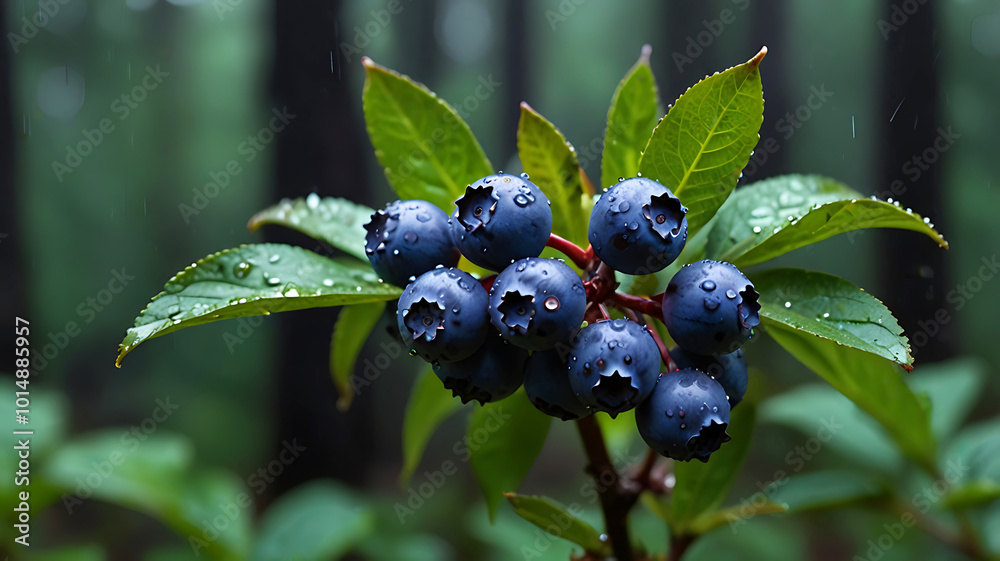 Wild blueberries are growing on a branch in a rainy forest. blueberries in the forest. Ai generative Wild blueberries are growing on a branch in a rainy forest. blueberries in the forest. Ai generative