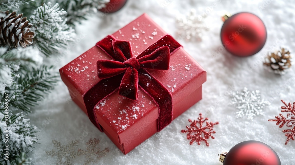 A red gift box adorned with a velvet ribbon sits on a snowy surface, surrounded by festive ornaments, pine cones, and decorative snowflakes, capturing the essence of winter celebrations. A red gift box adorned with a velvet ribbon sits on a snowy surface, surrounded by festive ornaments, pine cones, and decorative snowflakes, capturing the essence of winter celebrations.