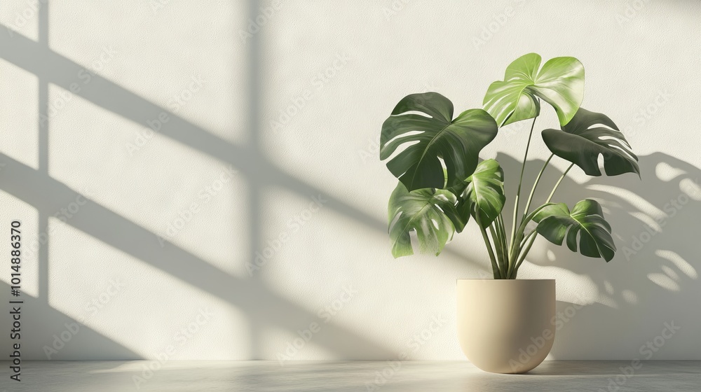 3D Rendering of Monstera Plant in Beige Pot Against White Wall with Sunlight and Shadow. AI generated illustration 3D Rendering of Monstera Plant in Beige Pot Against White Wall with Sunlight and Shadow. AI generated illustration