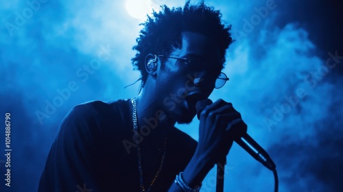 Rap singer silhouetted against a glowing blue background, performing in a nightclub, capturing the energy and excitement of the show