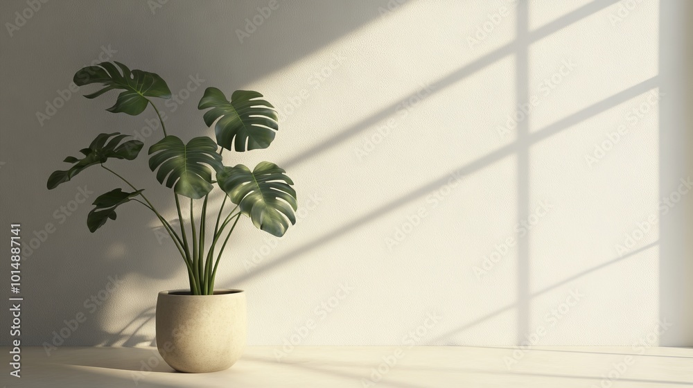 3D Rendering of Monstera Plant in Beige Pot Against White Wall with Sunlight and Shadow. AI generated illustration 3D Rendering of Monstera Plant in Beige Pot Against White Wall with Sunlight and Shadow. AI generated illustration
