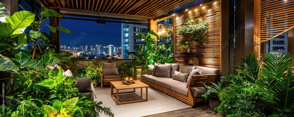 Luxurious Miami terrace with contemporary wooden furniture and vibrant green plants, overlooking city lights Luxurious Miami terrace with contemporary wooden furniture and vibrant green plants, overlooking city lights