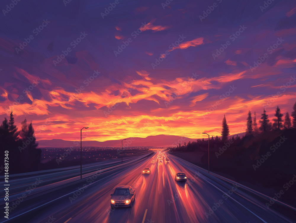 Golden Road: A Highway at Sunset with the Road Glowing in Warm Light Golden Road: A Highway at Sunset with the Road Glowing in Warm Light