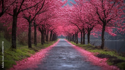 Scenic path lined with cherry blossom trees, viewed from a distance, emphasizing the beauty and delicacy of the blooms 