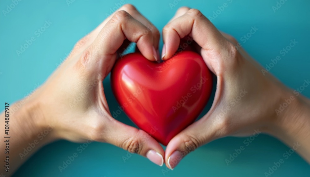 Hands forming a heart shape holding a red heart object on a blue background. Love, care, and support concept for Valentine's Day and health-related design Hands forming a heart shape holding a red heart object on a blue background. Love, care, and support concept for Valentine's Day and health-related design